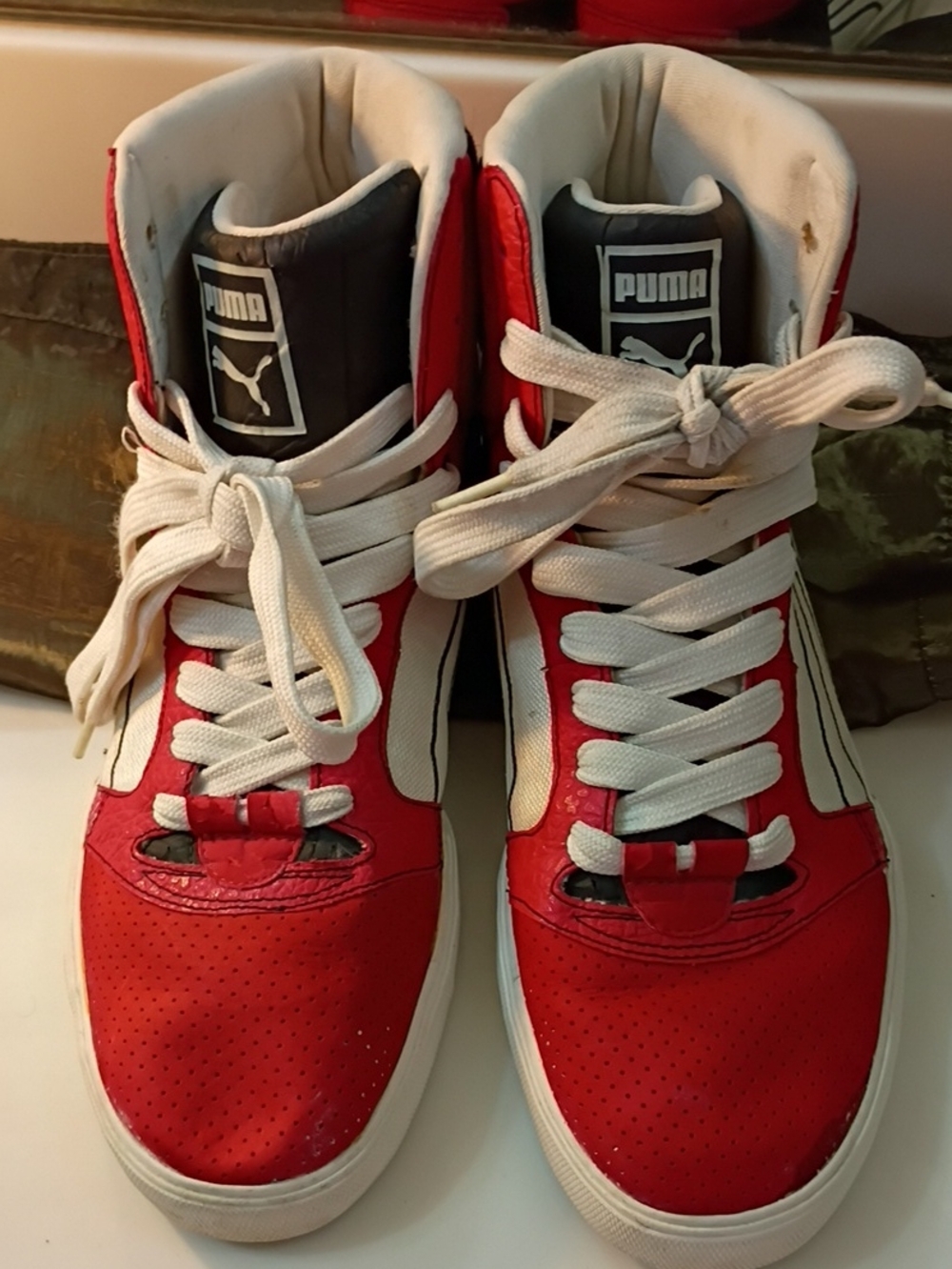 Puma Red and White Men's Mid-Top Sneakers